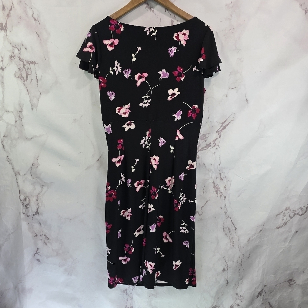 Lauren Ralph Lauren Dress Womens 12 Large Black Pink Floral Midi Long Scrunch V